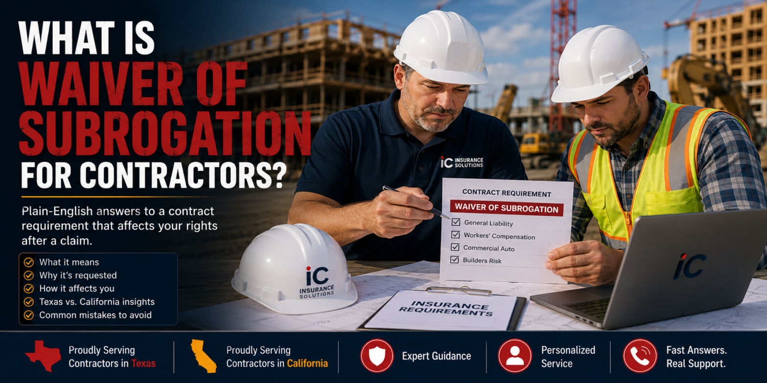 Contractor and insurance advisor reviewing waiver of subrogation requirements and construction insurance paperwork at an active job site, with article title overlay explaining waiver of subrogation for contractors in Texas and California.