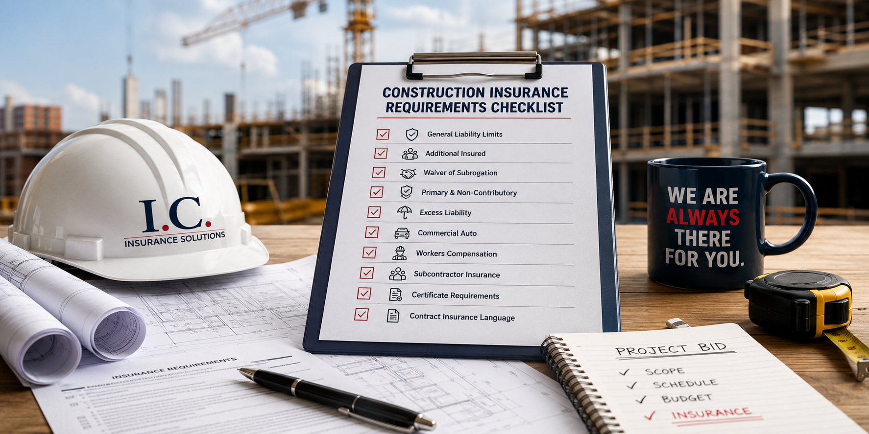Construction insurance requirements checklist on a clipboard at a job site with hard hat, blueprints, and contractor project documents before bidding
