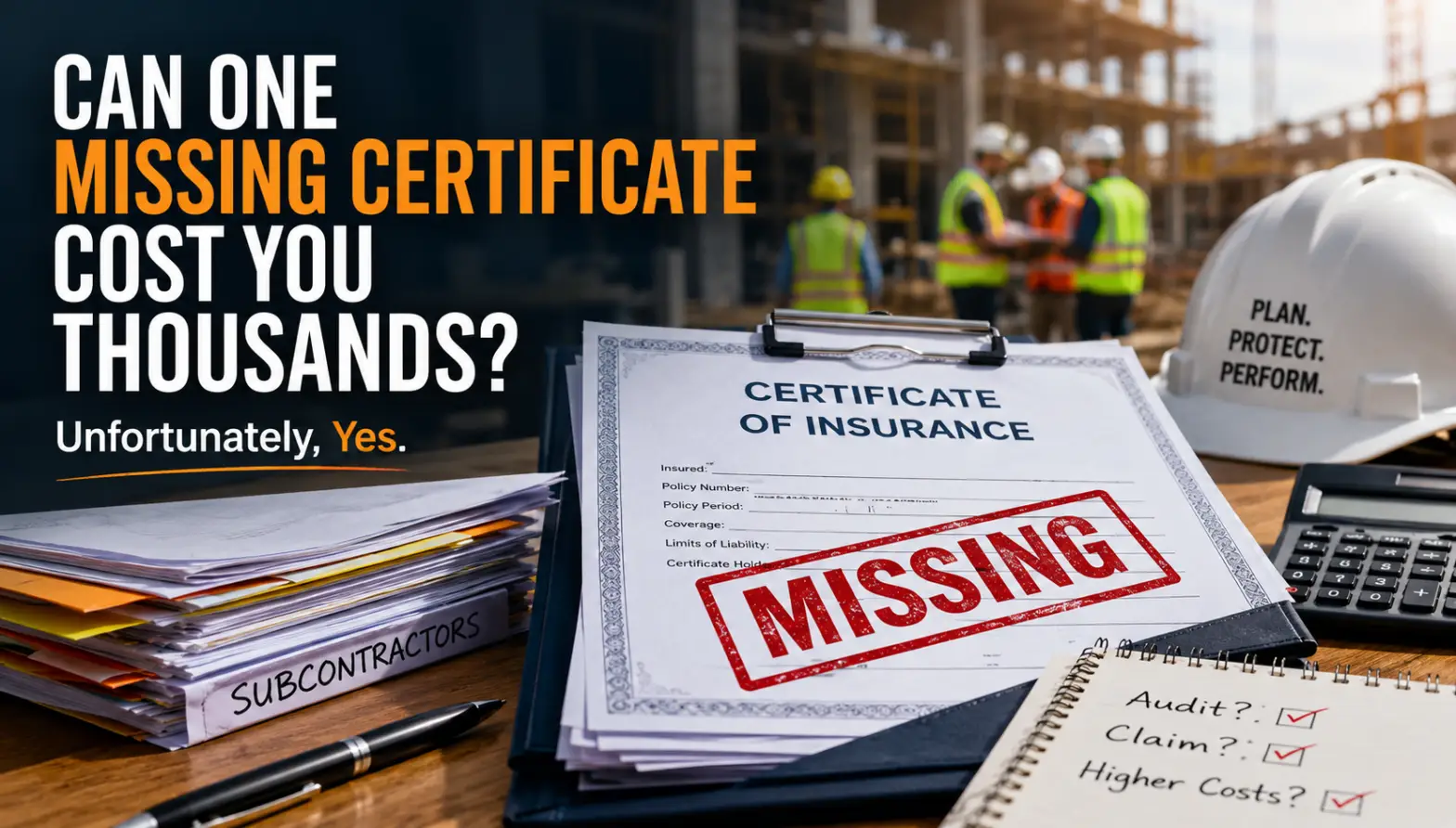 A construction desk with a large headline about a missing certificate costing thousands; a clipboard labeled 'Certificate of Insurance' shows a red 'MISSING' stamp as subcontractor papers lie nearby.