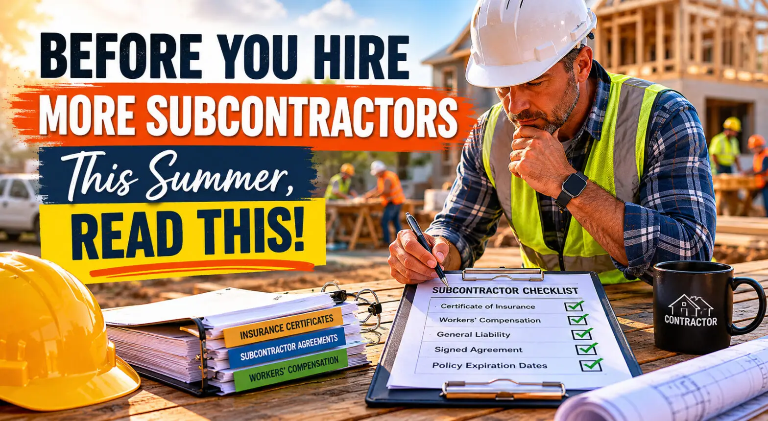 Construction worker in safety vest writes on a clipboard at a site; bold overlay reads 'Before you hire more subcontractors this summer, read this!'