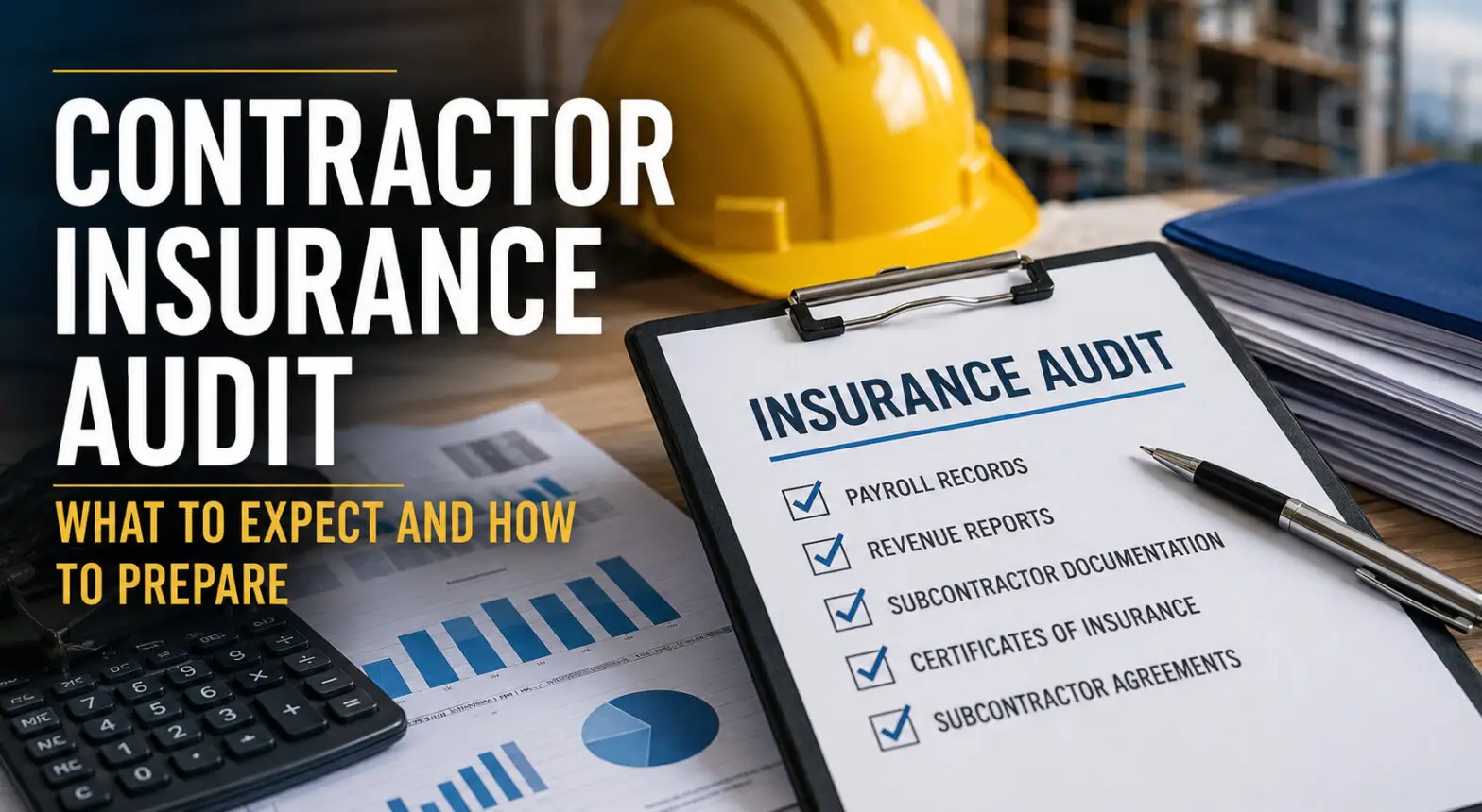 Contractor insurance audit banner: clipboard labeled Insurance Audit with checklists, a pen, a yellow hard hat, and stacked documents on a desk.