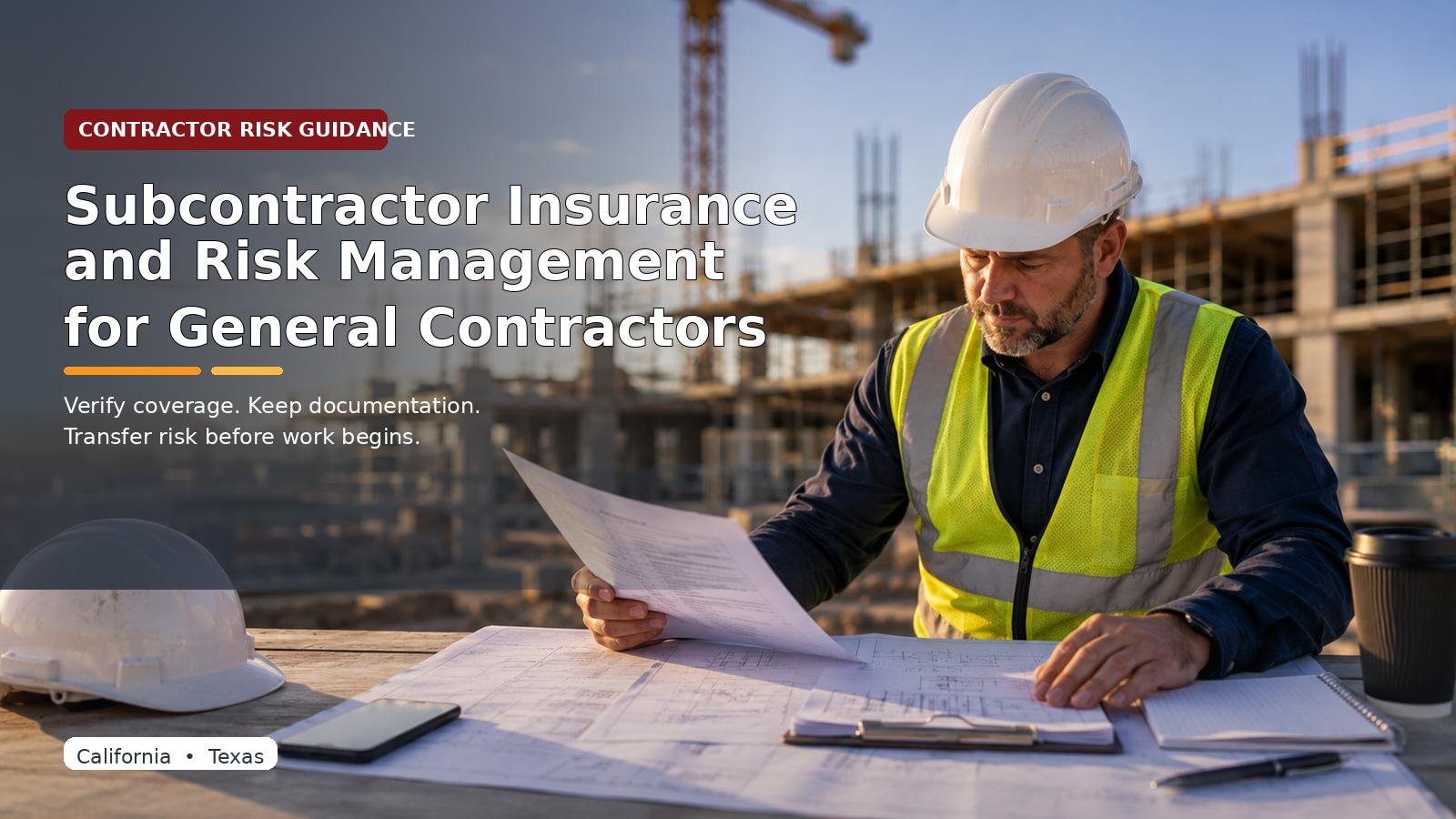 General contractor reviewing subcontractor insurance certificates, agreements, and job requirements before work begins