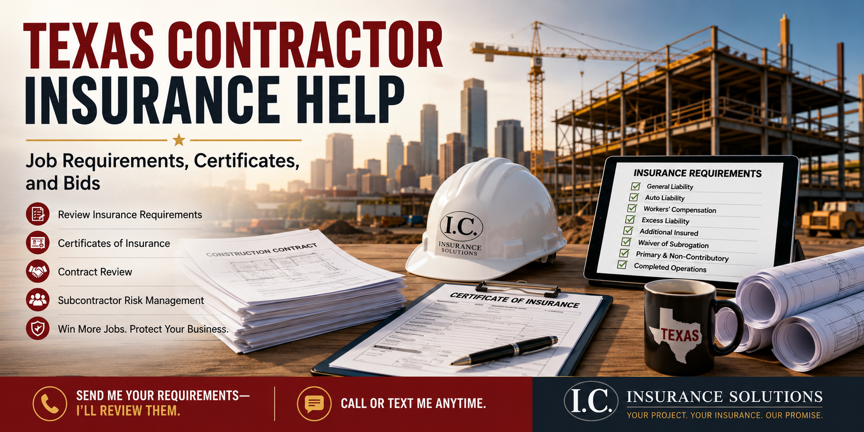 Texas contractor reviewing insurance requirements, certificate request, and job documents before bidding or starting a construction project