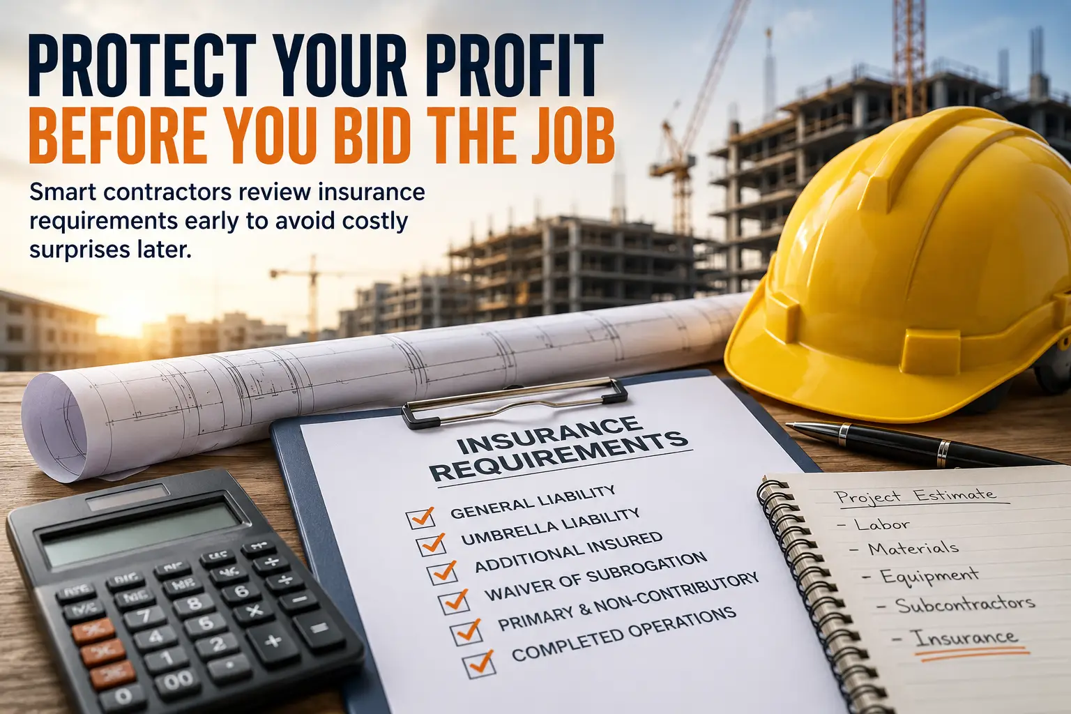 Construction site scene with a yellow hard hat, rolled blueprints, and an insurance checklist on a desk.