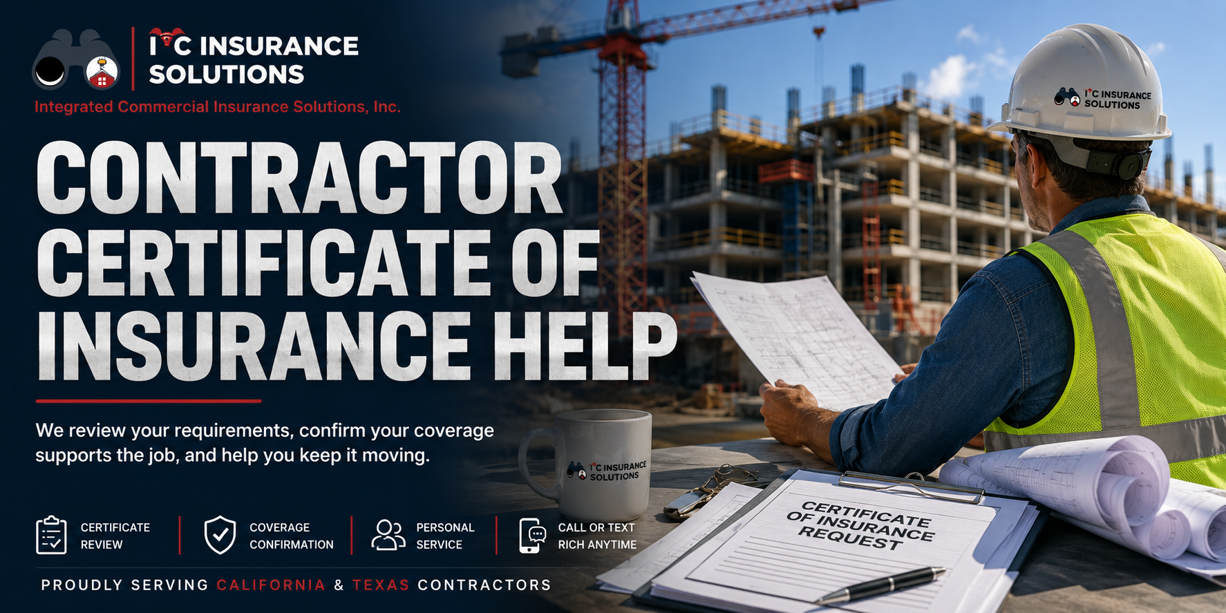 Contractor certificate of insurance help for California and Texas construction companies