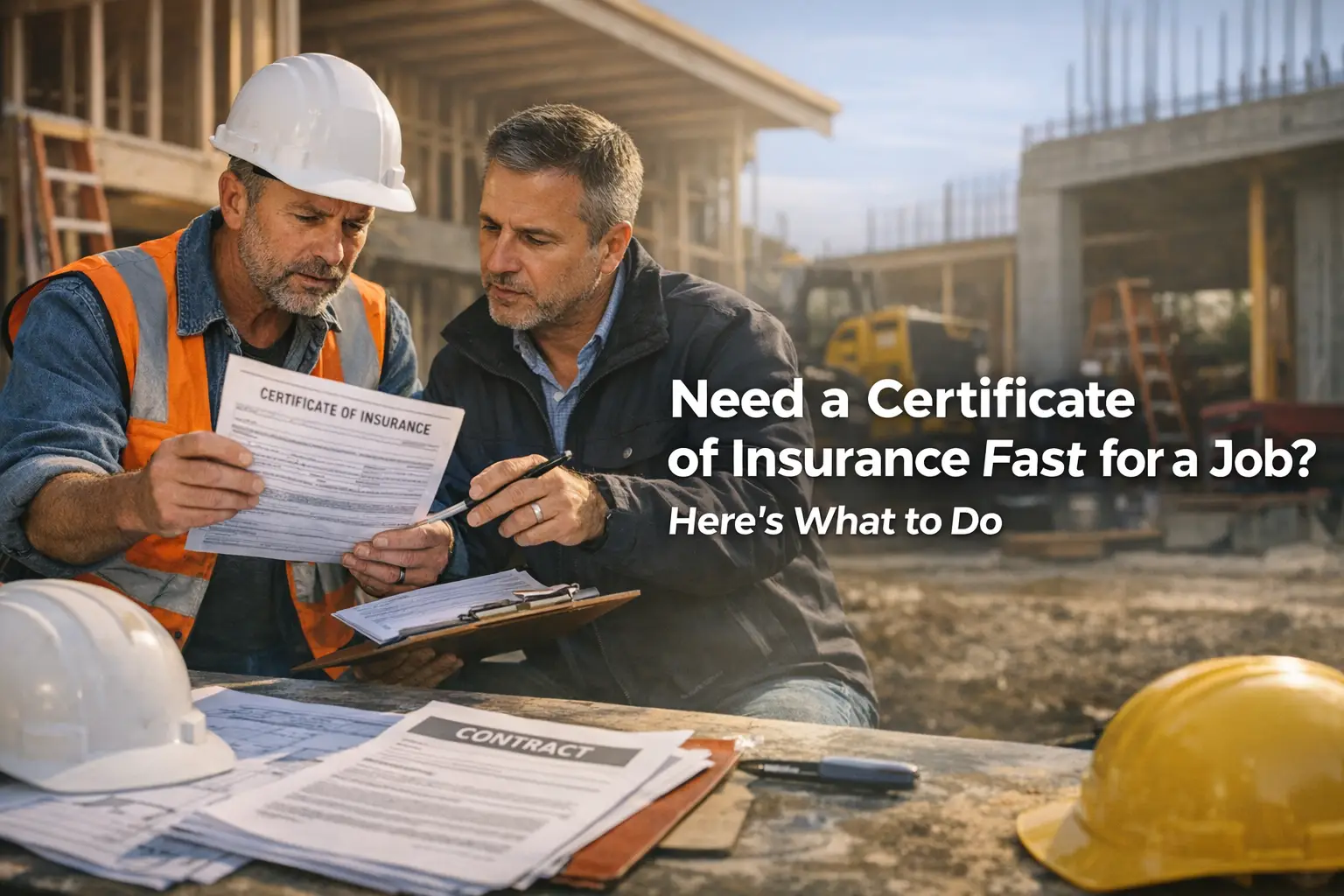General contractor reviewing urgent certificate of insurance paperwork and job requirements with a trusted advisor at an active construction site, with the article title overlaid on the image.
