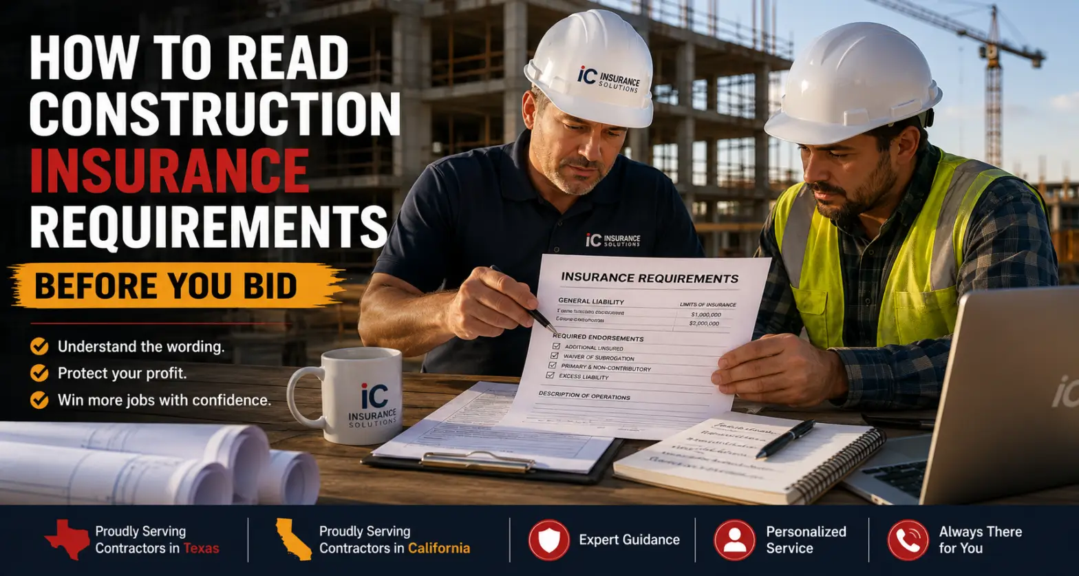 General contractor and insurance advisor reviewing construction insurance requirements and bid paperwork at an active construction site, with article title overlay explaining how to read insurance requirements before bidding in Texas and California.