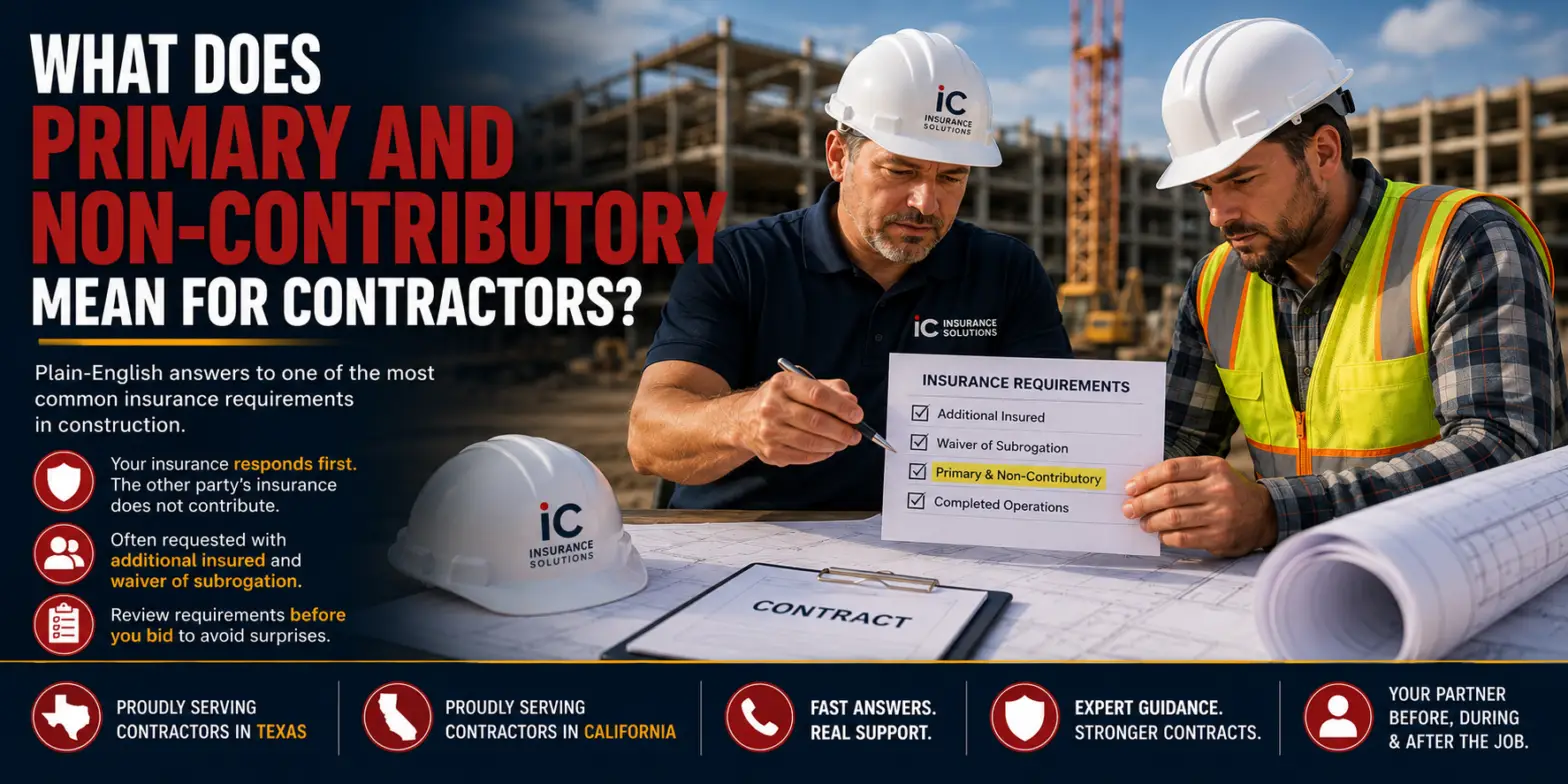 Primary and non-contributory insurance requirements explained for contractors reviewing construction contract insurance wording, including additional insured and waiver of subrogation requirements on a commercial job site in Texas and California.