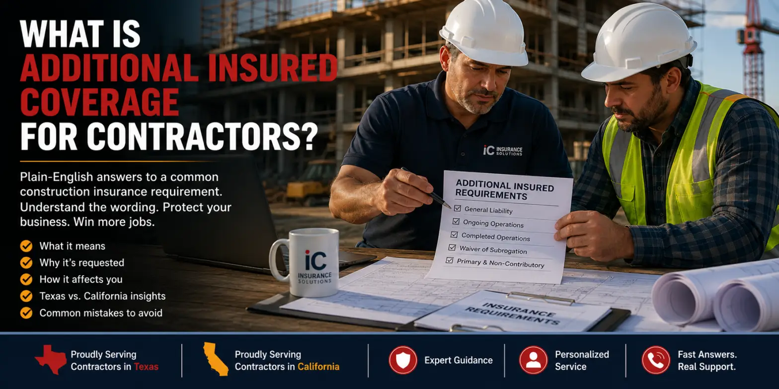 Construction professionals reviewing additional insured requirements and construction insurance paperwork at an active job site, with article title overlay explaining additional insured coverage for contractors in Texas and California.