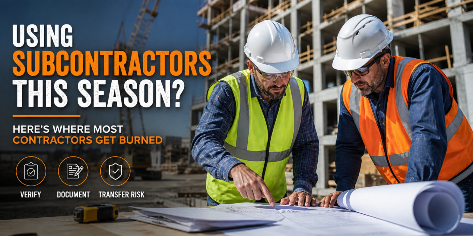 Two construction workers in hard hats and high‑visibility vests study blueprints on a building site, with bold orange‑and‑white headline about subcontractors this season.