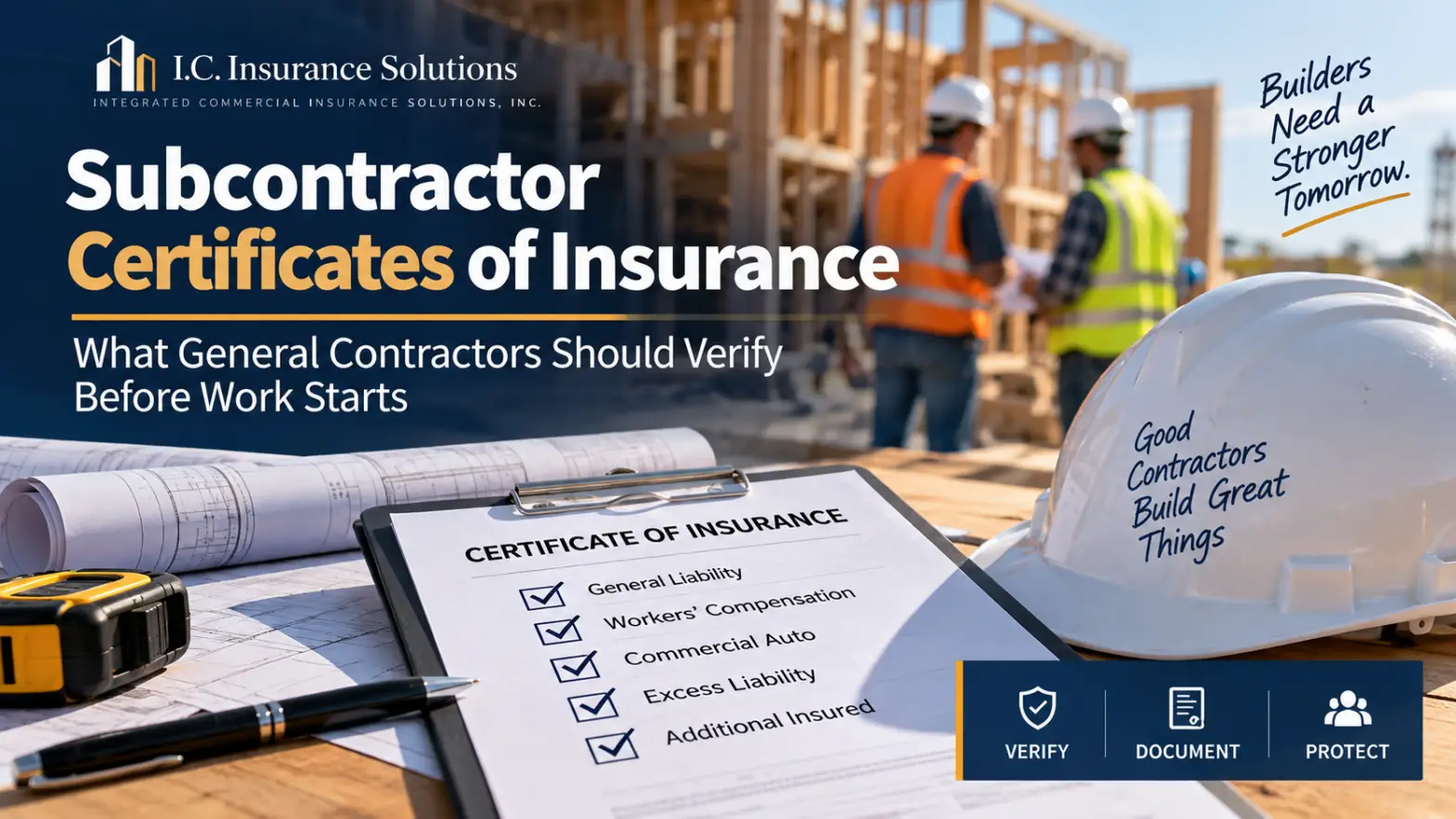General contractors reviewing a subcontractor certificate of insurance at a construction site, including general liability, workers&rsquo; compensation, commercial auto, and excess liability coverage.