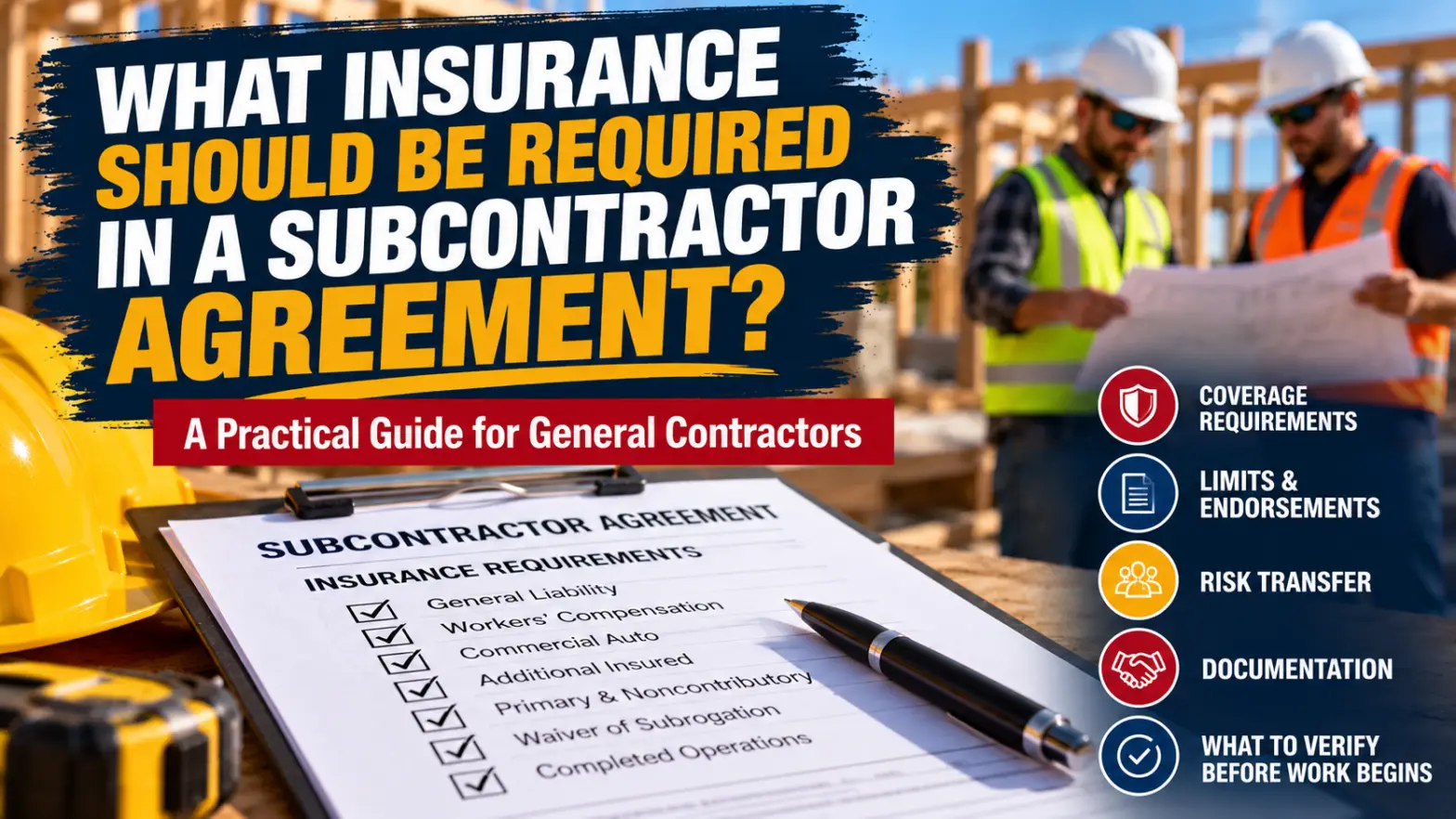 General contractors reviewing a subcontractor agreement and insurance requirements at a construction site.